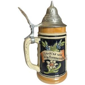 Vintage West Germany Beer Stein with Pewter Lid 7 in Relief Tavern Scene